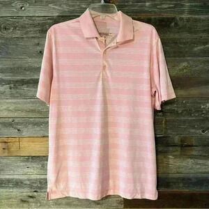 Nike Golf Polo Shirt Mens Medium Dri-Fit  Pink White Striped Short Sleeve